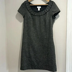 LOFT Charcoal Pleated-Neck Tweed Mini Dress